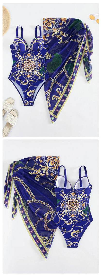 2025 New Underwire Women Sexy Swimsuit 2 Pieces Swimwear Slim Monokini Chains Print Push Up Bikinis Black Blue Green Beachwear