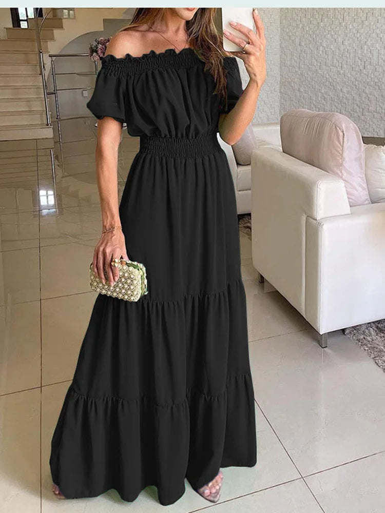 2025 Abito estivo Boho solido Moda donna Elegante abito da festa in spiaggia Casual Slash Neck Office Maxi abiti per donna Robe Femme