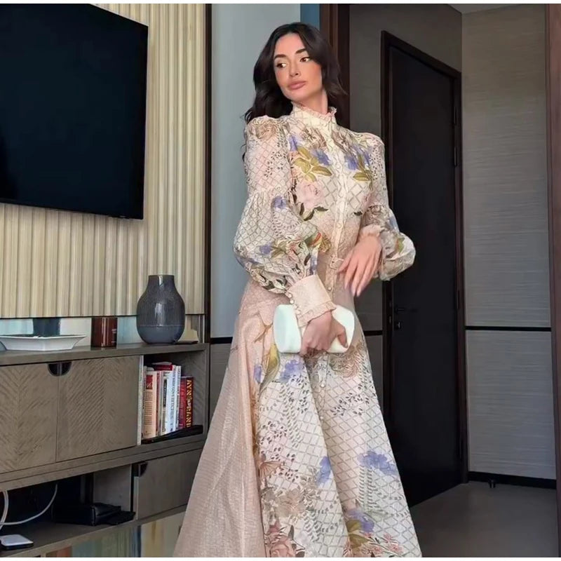 Abito Lungo da Donna con Stampa, Scollo a V, Maniche a Campana, Bordo a Foglia di Loto, Vita Alta, Vestito Maxi Aderente, Elegante Abito da Sera per Feste