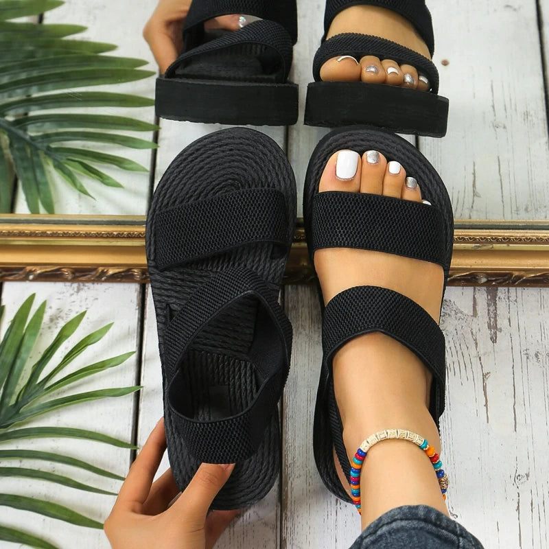 Damen-Sommersandalen, Keilsandalen, lässige Plateau-Sandalen, Knöchelriemen-Sandalen, leichte Damenschuhe in Unifarben