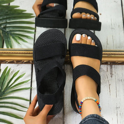 Damen-Sommersandalen, Keilsandalen, lässige Plateau-Sandalen, Knöchelriemen-Sandalen, leichte Damenschuhe in Unifarben