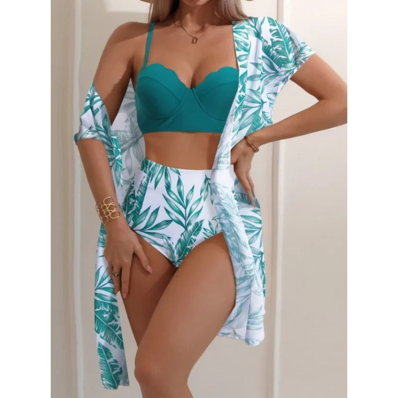 Elegante stampa 3 pezzi bikini set costume da bagno donna vintage bikini a vita alta maglia cover up 2025 nuovo costume da bagno biquini femminile