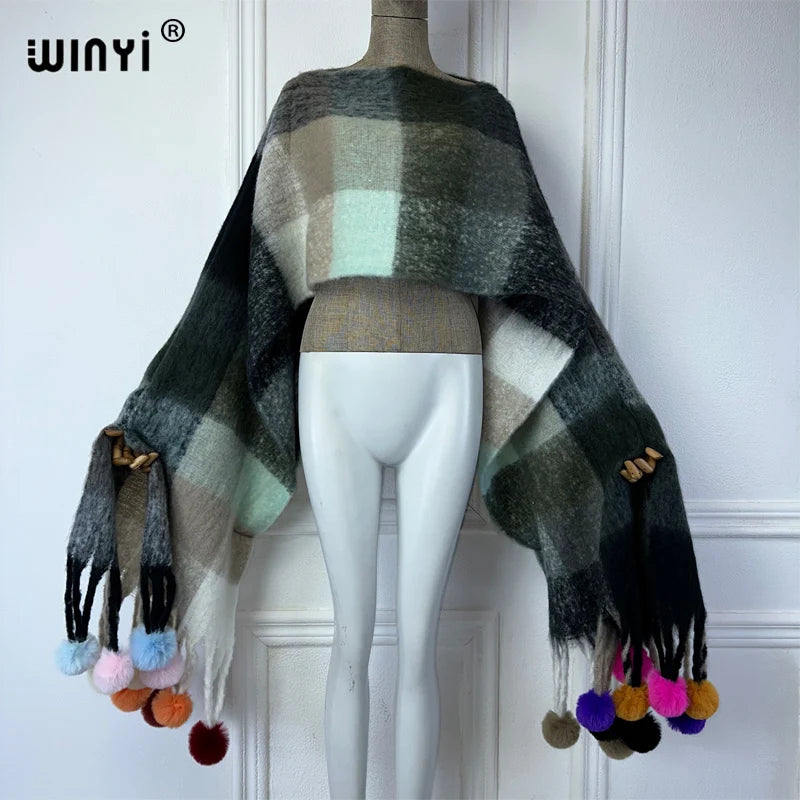 WINYI inverno Plaid nappa abito lavorato a maglia mantello moda Abito da vacanza Elegante poncho invernale per le donne mantello allentato boho abbigliamento donna