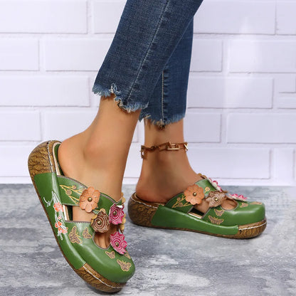 Damen-Sommersandalen mit Blumen im Ethno-Stil, Retro-Plateau-Hausschuhe, handgefertigt, bequem zum Gehen