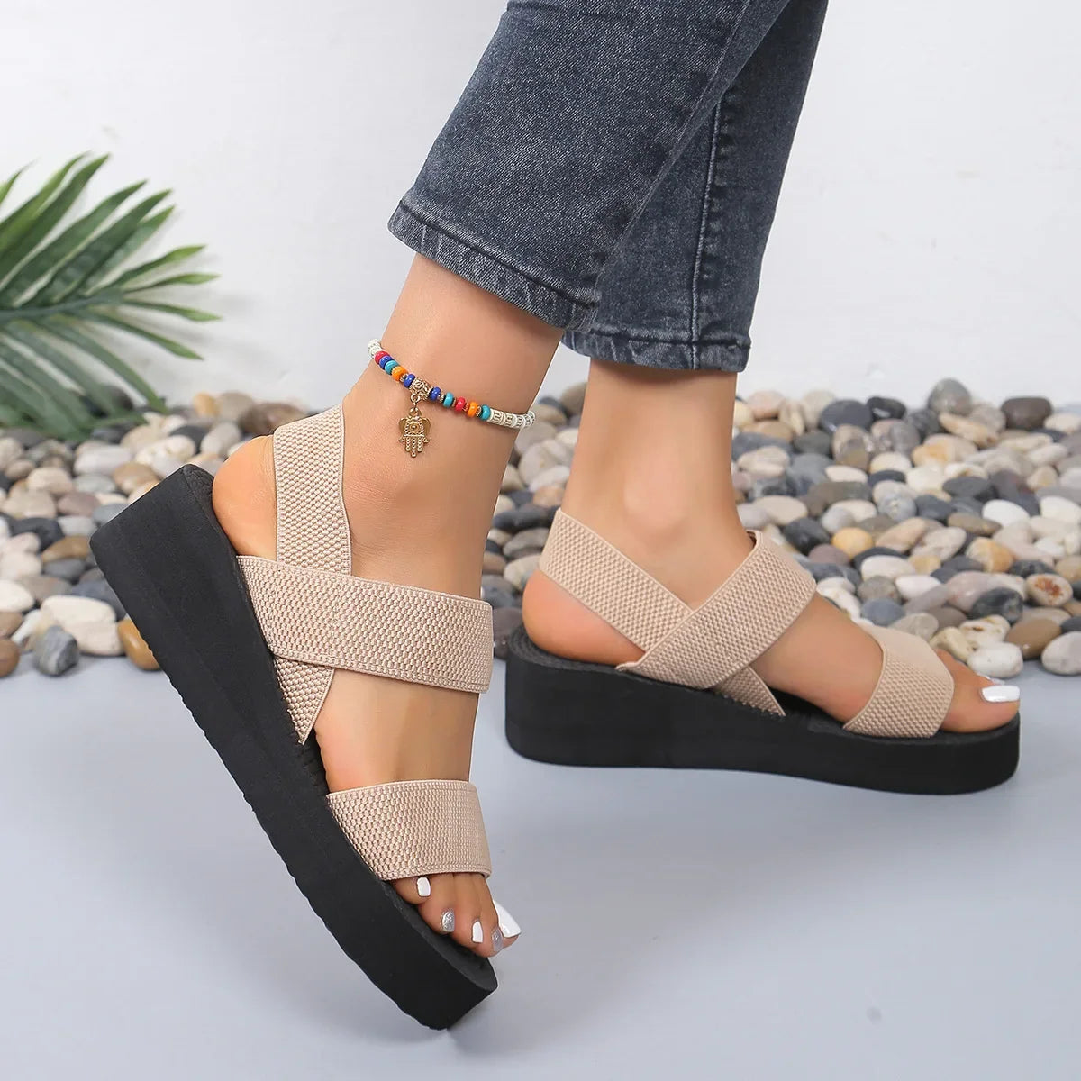 Damen-Sommersandalen, Keilsandalen, lässige Plateau-Sandalen, Knöchelriemen-Sandalen, leichte Damenschuhe in Unifarben