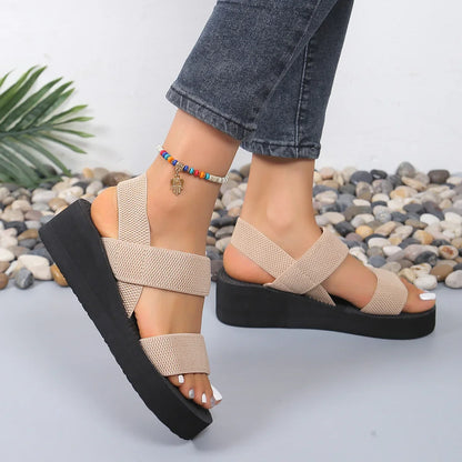 Damen-Sommersandalen, Keilsandalen, lässige Plateau-Sandalen, Knöchelriemen-Sandalen, leichte Damenschuhe in Unifarben