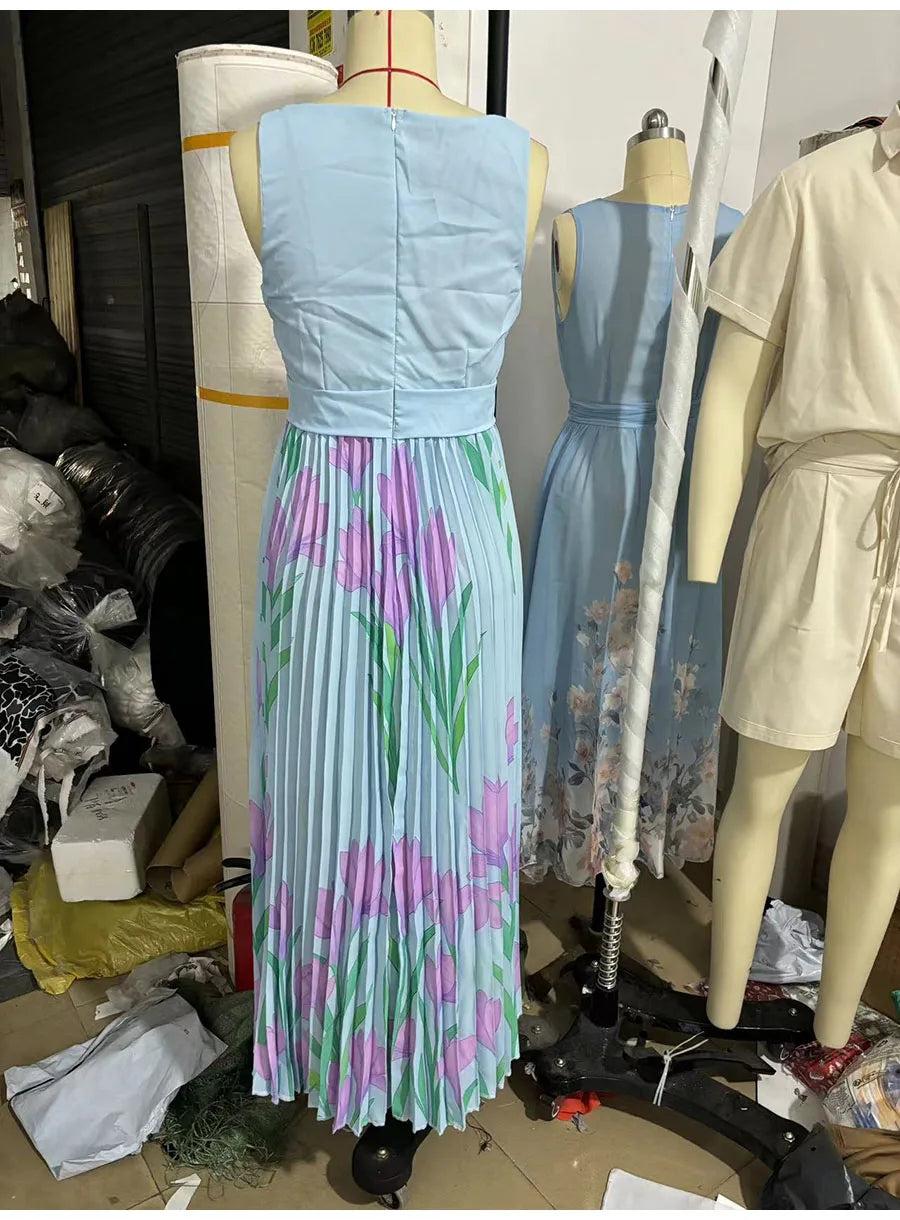 Abito lungo sexy con stampa floreale Donna Estate 2025 Abiti maxi con cinturino senza maniche alla moda eleganti