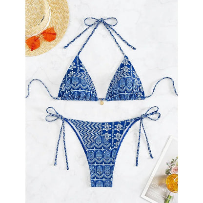 Ensemble bikini deux pièces sexy imprimé léopard Soutien-gorge triangle Bretelles dos nu Ensemble de maillots de bain à lacets pour les vacances à la plage