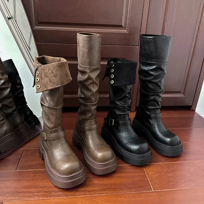 Women's Platform Motorcycle Boots Buckle Strap Thick-soled Boots Feamle New Fashion Black PU Leather Western Knight Botas Mujer