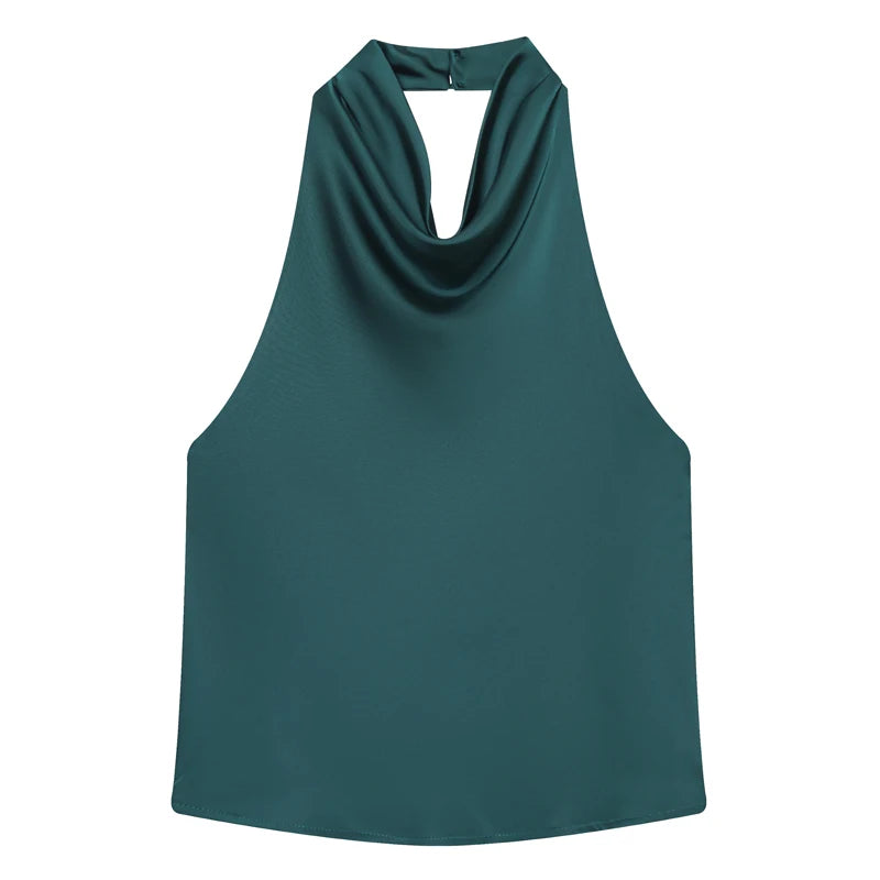 Hauts Femme Sexy Top Satin Licou Femme Mode Solide Élégant Gilet Dos Nu 2026 Nouvel Été Épaules Dénudées Caraco Femme