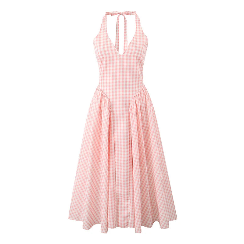 YENKYE Abito estivo da donna sexy senza schienale scozzese rosa con scollo all'americana a vita bassa Abiti da festa eleganti Abito da vacanza
