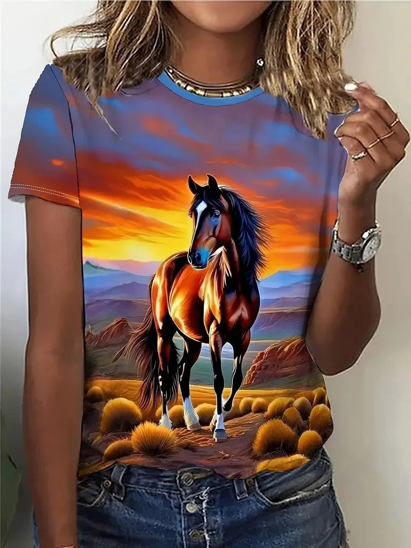 T-shirt girocollo casual da donna con stampa cavallo unica T-shirt estiva a maniche corte con grafica cavallo per uomo Novità in magliette