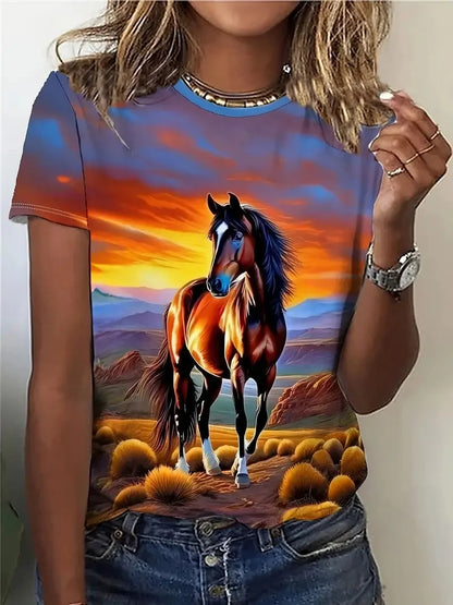 T-shirt girocollo casual da donna con stampa cavallo unica T-shirt estiva a maniche corte con grafica cavallo per uomo Novità in magliette
