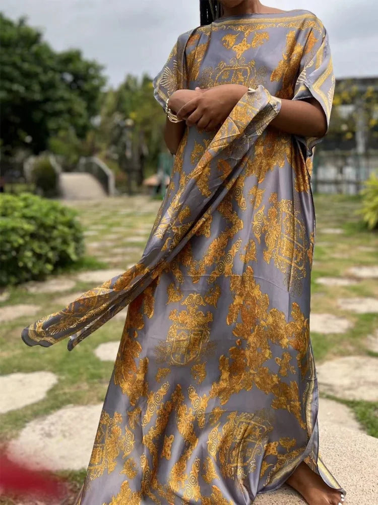 Di lusso Morbido Stampa Musulmana Abaya Donne Maniche Corte Imitato Raso di Seta Abito Lungo Allentato Femme Robe Islam Abiti Con Hijab
