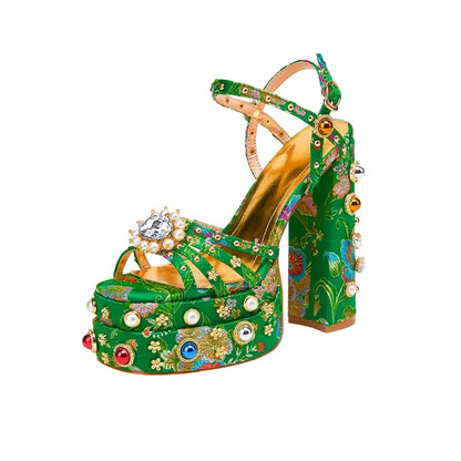 Neue Damen Sommer Plateau Sandalen wasserdicht dicker Boden Wasser Diamant Perle Niete Blume Satin offene Spitze High Heels groß