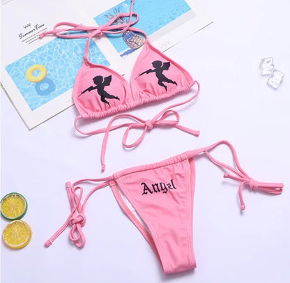 Ensemble bikini imprimé lettres gothiques punk, maillot de bain sexy 2023 pour femmes, motif tête de mort, col en V, maillot de bain tendance