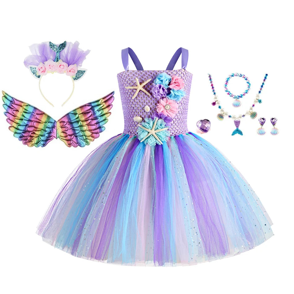 Abito tutù a sirena per ragazze sotto il mare Costumi di carnevale per feste di compleanno a tema con fascia per fiori Abiti per Halloween oceano 1-12 anni