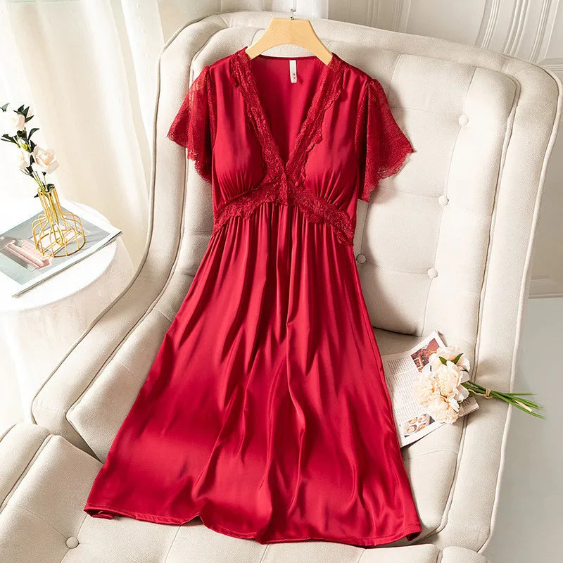 Fdfklak camicia da notte estiva da donna a maniche corte sottile in raso di seta Sexy nuova camicia da notte da notte da notte da donna in pizzo principessa