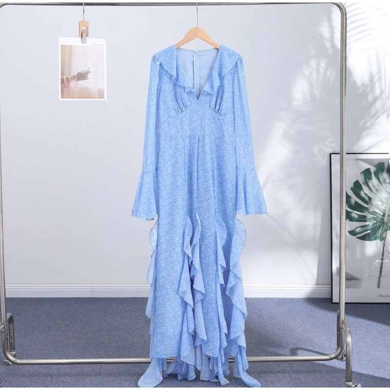 Abito Lungo da Donna con Stampa, Scollo a V, Maniche a Campana, Bordo a Foglia di Loto, Vita Alta, Vestito Maxi Aderente, Elegante Abito da Sera per Feste