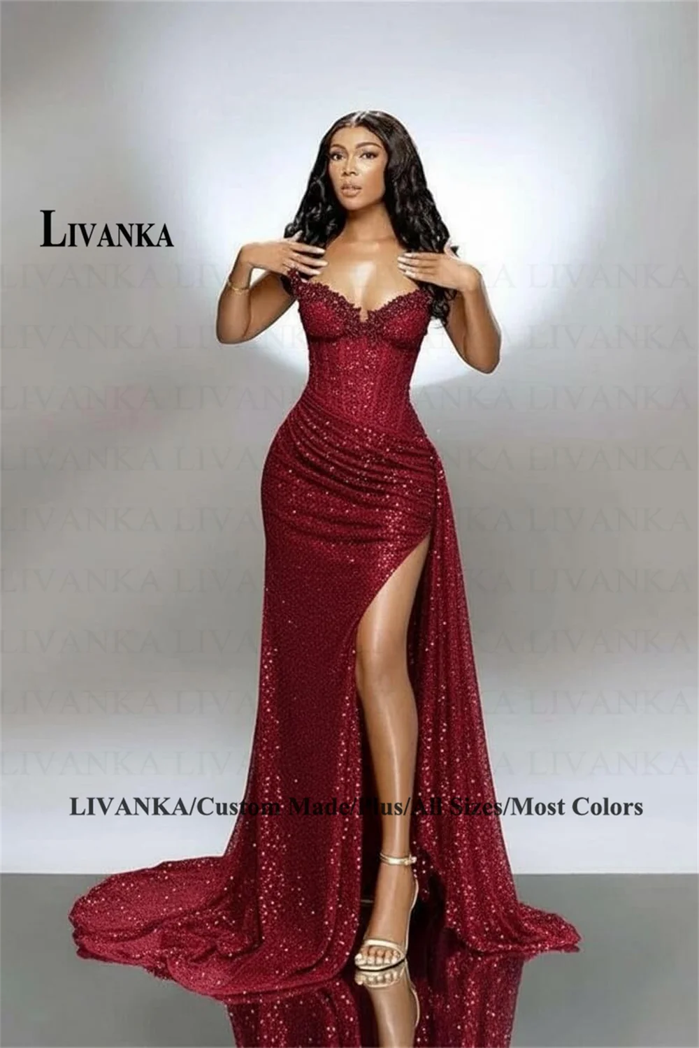 LIVANKA Abiti da sera a sirena con scollo a cuore Abiti da ballo lunghi fino al pavimento con spacco laterale Abiti da festa personalizzati con perline