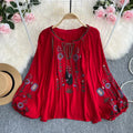 Estate primavera autunno donne Sexy ricamato manica svasata camicetta camicetta donna manica lunga retrò allentato Boho camicetta top femminile