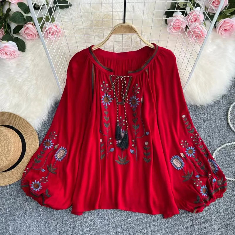 Estate primavera autunno donne Sexy ricamato manica svasata camicetta camicetta donna manica lunga retrò allentato Boho camicetta top femminile