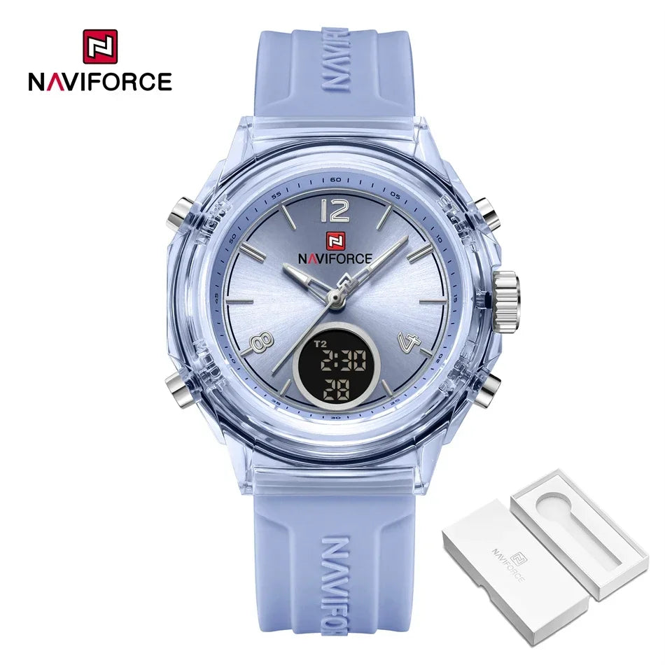 NAVIFORCE Orologio da donna di lusso Orologio sportivo all'aria aperta in oro Orologi impermeabili Doppio display dell'ora Orologi da polso al quarzo Orologio digitale in gomma