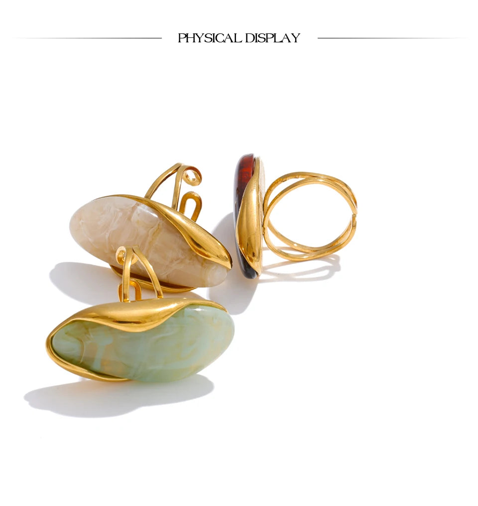 Yhpup Nuovo design Marrone Verde Beige Resina Anello geometrico regolabile PVD dorato Acciaio inossidabile Regalo di gioielli con dita antiruggine