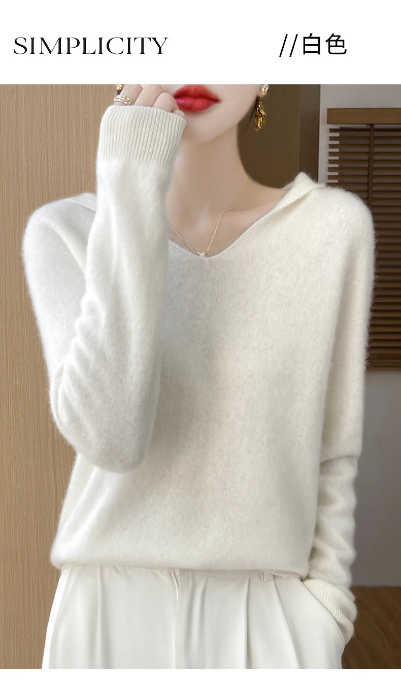 Abbigliamento donna autunno inverno colletto con cappuccio pullover maglione di lana merino 100% nuova moda top in cashmere che tocca il fondo maglieria morbida