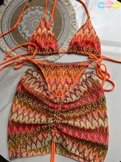 Costume da bagno donna Gonna bikini lavorata a maglia con foglie d'acero colorate Set tre pezzi Costume da bagno diviso Bikini