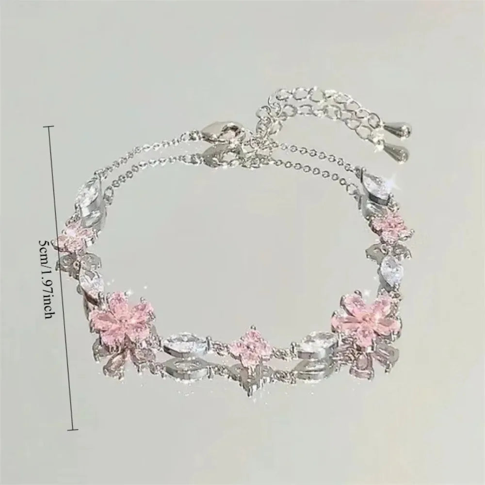Braccialetti con fiori di ciliegio in cristallo rosa brillante per donne e ragazze, braccialetto con fiore a luna dolce e zirconi, gioielli estetici da festa