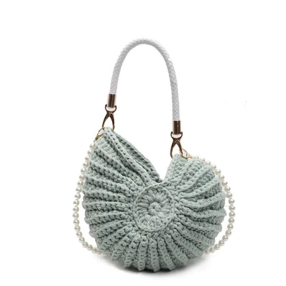 Borse a tracolla da donna all'uncinetto a forma di conchiglia creativa Divertenti catene di perle carine Borsa a tracolla in tessuto fatto a mano Novità piccole borse