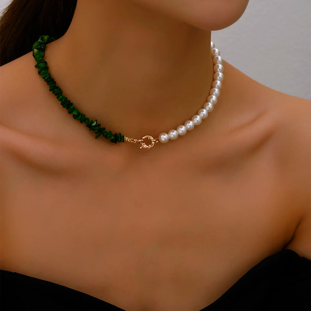 2023 tendenza elegante gioielli da sposa grande collana di perle per le donne moda imitazione perla verde rosa pietra di colore collana girocollo