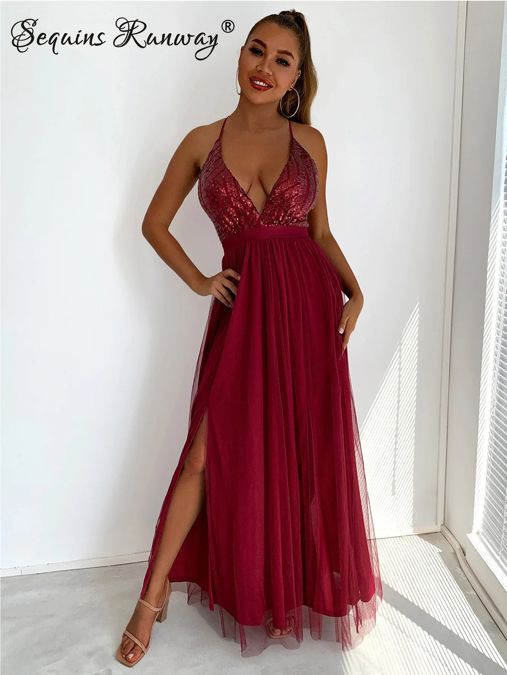 Sexy slip senza schienale Corsetto con paillettes maxi abito estivo da donna maglia lunga aderente rosso abito da festa di Natale abiti da sera da damigella d'onore