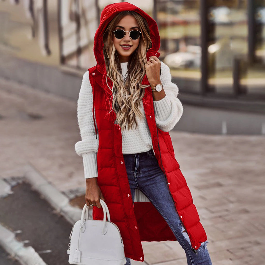 Gilet lungo da donna con cappuccio autunno inverno senza maniche in cotone caldo piumino gilet trapuntato piumino Outwear 2XL