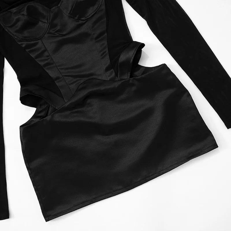 DSMTRC Donna Moda Collo alto Abito Maglia Manica lunga Mini abito Party Evening Club Abiti Sexy Cut-Out Corsetto Abiti aderenti