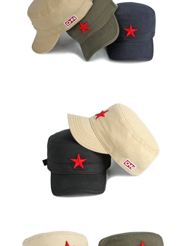Estate Autunno Uomo Donna Esercito Berretto militare Cappello da baseball piatto Berretto con visiera in cotone con stella rossa ricamata in 3D per protezione solare esterna
