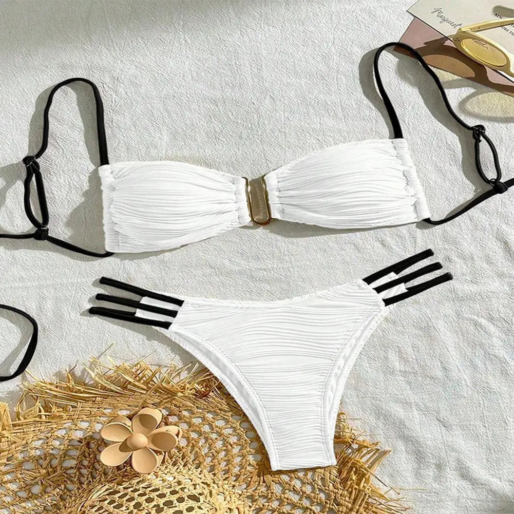 2 pezzi/set donna costume da bagno diviso bikini set fionda fascia reggiseno imbottito texture antirughe slip set moda costumi da bagno sexy