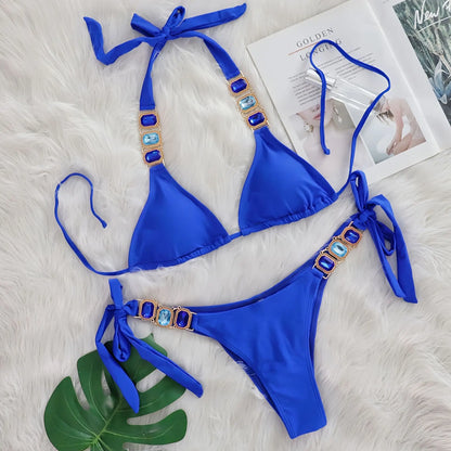 2025 Costume da bagno da donna in 2 pezzi con stringhe di strass e bikini sexy da spiaggia