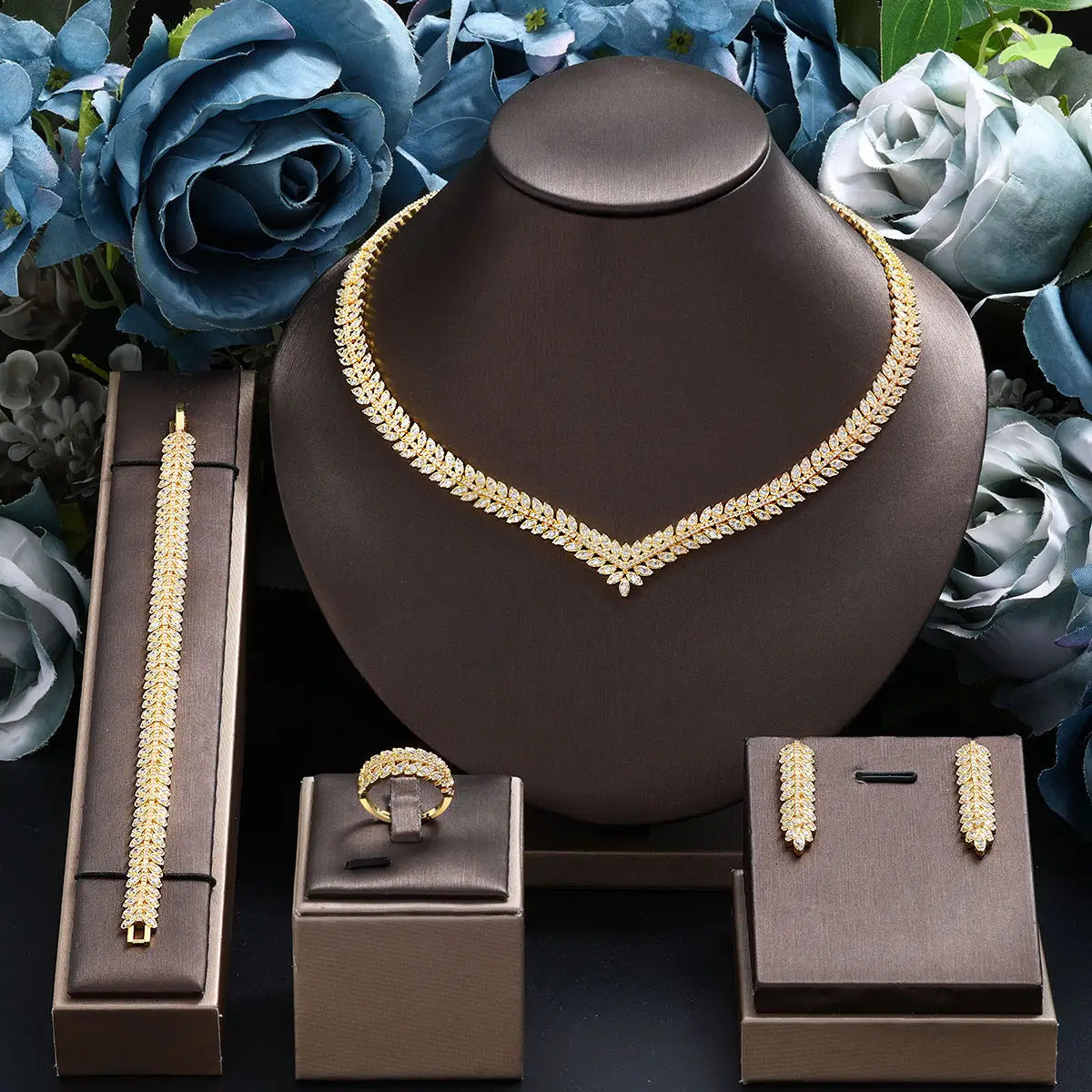 Zirkonia Brautschmuck-Set für Damen Dubai Saudi Hochzeit Halskette Ohrringe Armband Ring Set Ballabendkleid Party Schmuck