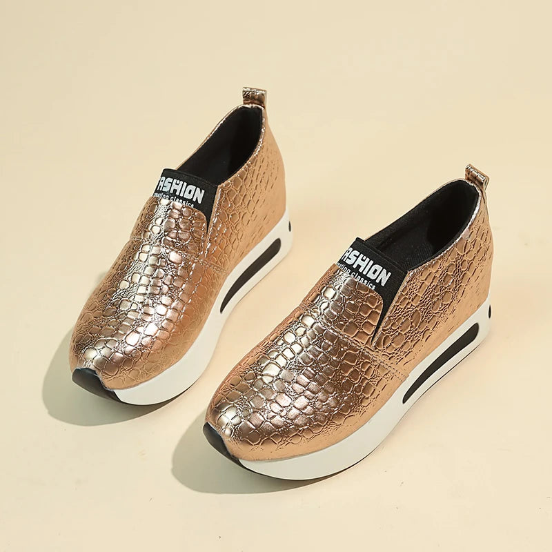 Patent Leather Wedge Loafers Shoes for Women New Height Increasing Platform Sneakers Woman Lightweight Slip On Casual Shoes