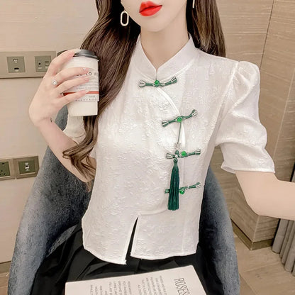 Camicie in stile cinese Maniche corte Donna Nuovo cappotto Estate 2025 Senso Design Nicchia Manica a palloncino Cardigan Top irregolari Donna