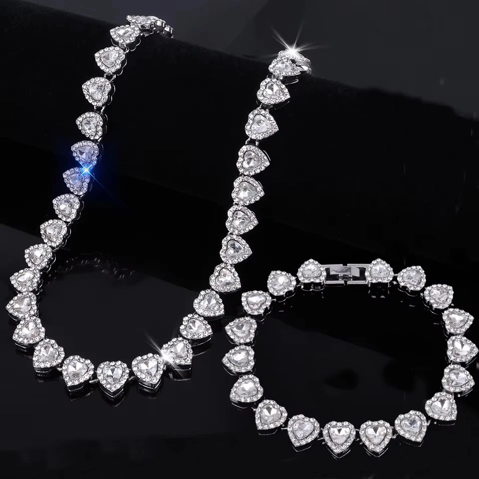 ZAKOL 45CM Nuovo Hip Hop Tennis Bracciale a catena Collana Cuore lucido Strass CZ Fashion Rock Party Set di gioielli