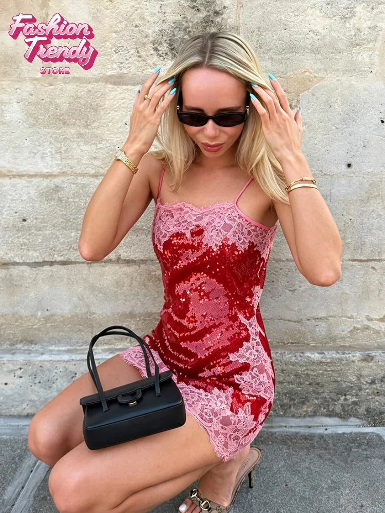 Abito Sexy con Paillettes e Pizzo, Vestito Estivo da Donna con Scollo a V Senza Maniche, Vita Alta, Mini Abito a Bretelle per Vacanze 2026
