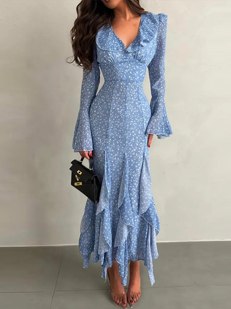 Abito Lungo da Donna con Stampa, Scollo a V, Maniche a Campana, Bordo a Foglia di Loto, Vita Alta, Vestito Maxi Aderente, Elegante Abito da Sera per Feste