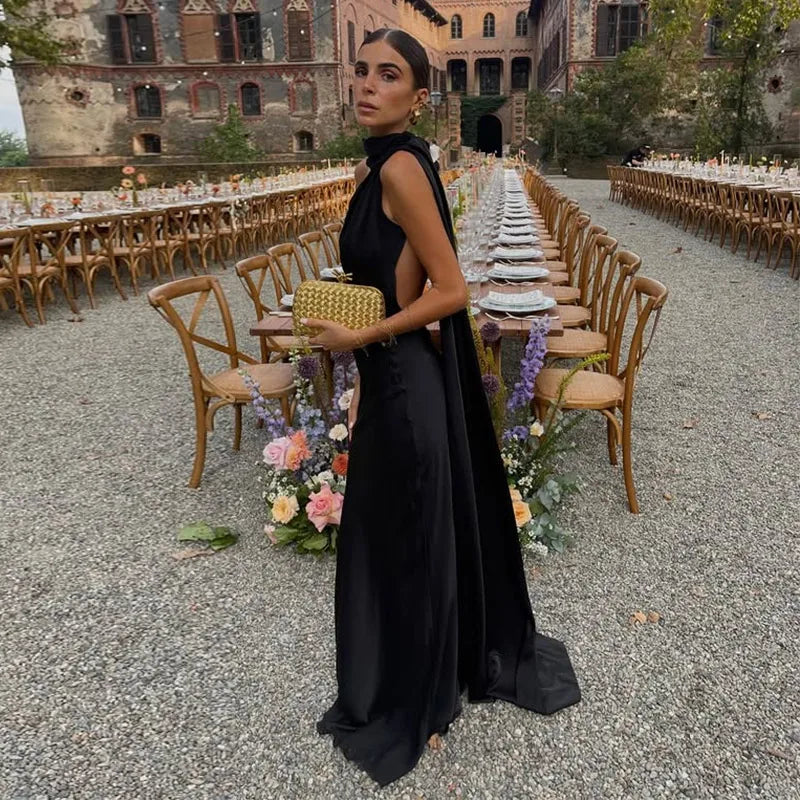 Abito Lungo Sexy Senza Maniche con Nastro, Elegante Vestito da Donna Slim in Raso con Schiena Scoperta e Lacci, Abito da Festa alla Moda 2026, Tinta Unita, per Vacanze, da Donna