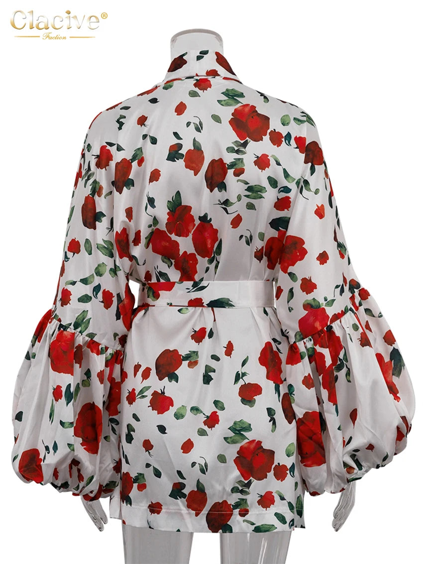 Clacive Fashion Abiti da donna con stampa allentata 2025 Mini abito sexy a maniche lunghe con cappuccio Elegante abito classico con lacci Abbigliamento femminile