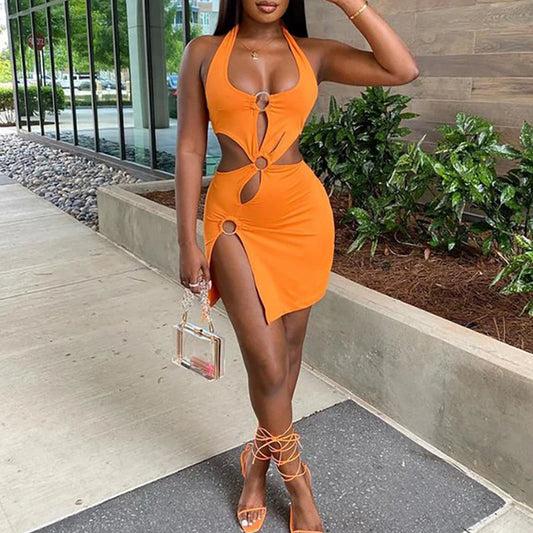 Robes d'été femme 2022, robe moulante sexy mini élastique évidée taille haute, élégante sans manches orange pour club de soirée
