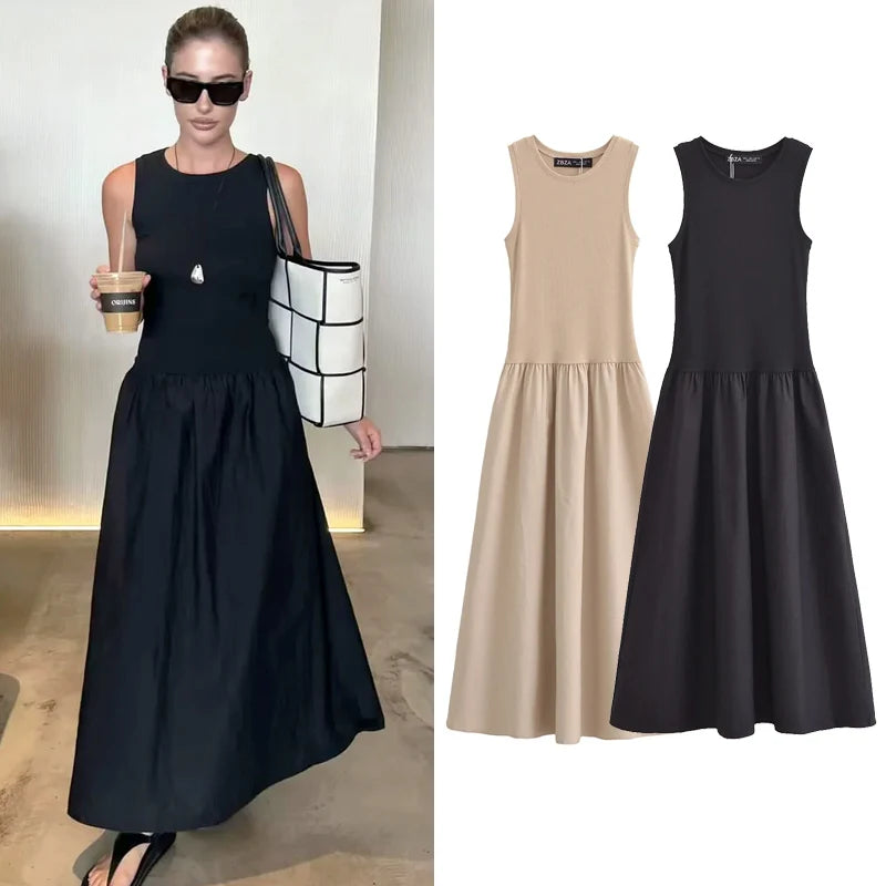 HXAO Abiti lunghi neri da donna 2025 Abiti eleganti senza maniche primaverili Moda Casual Vintage Party Abiti kaki Abiti