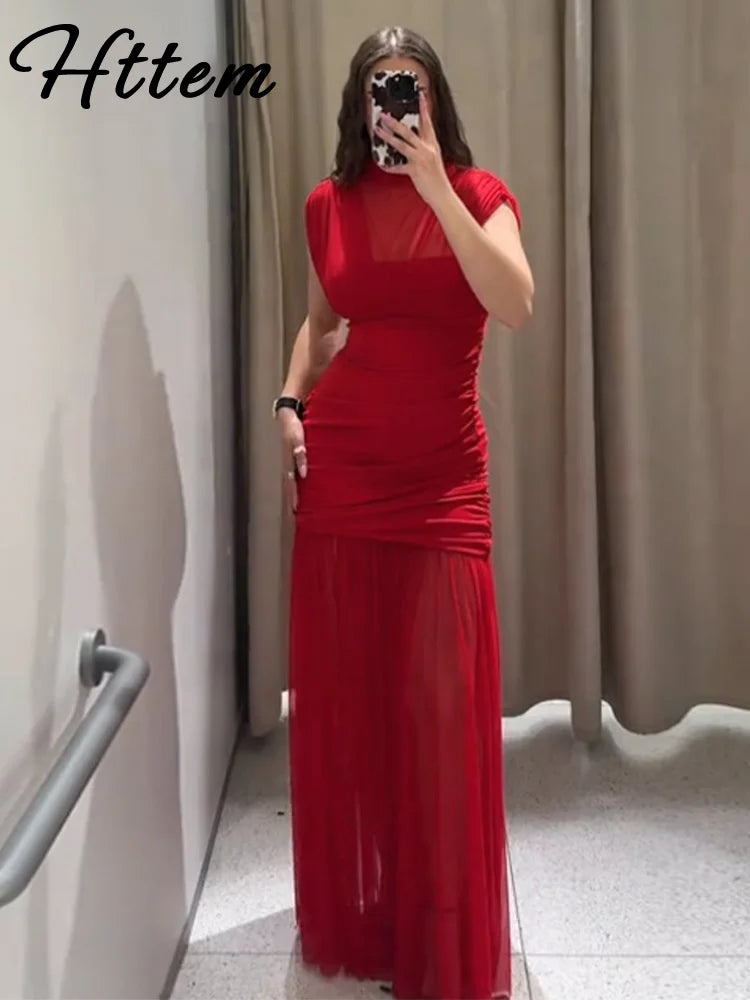 Maglia sexy vedere attraverso lungo abito rosso senza maniche piega patchwork a-line maxi abiti da festa femminile 2025 estate signora abiti slim